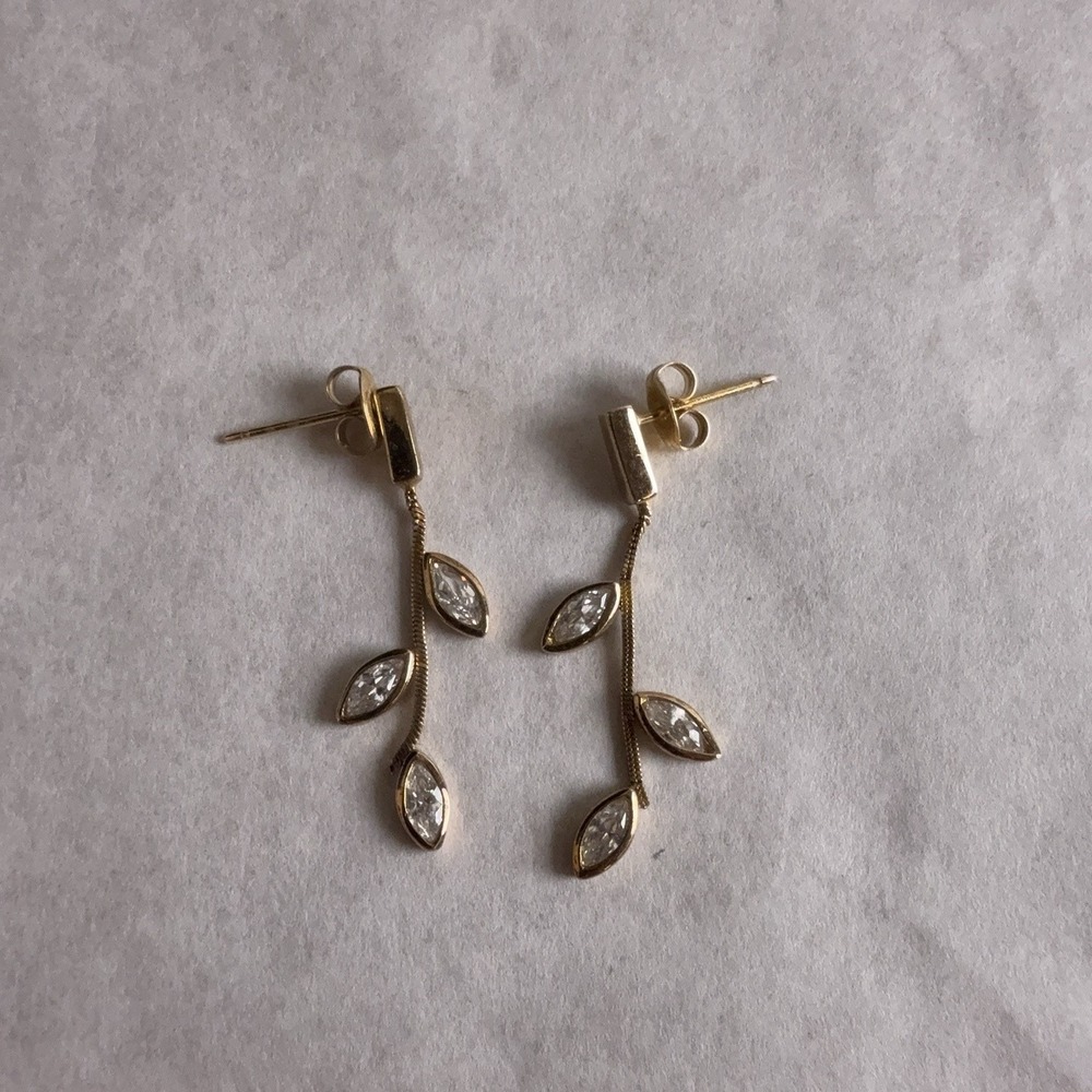 Sterling Silver 925 Leaf Dangle Drop Earrings Gold Tone Clear Stone Womens